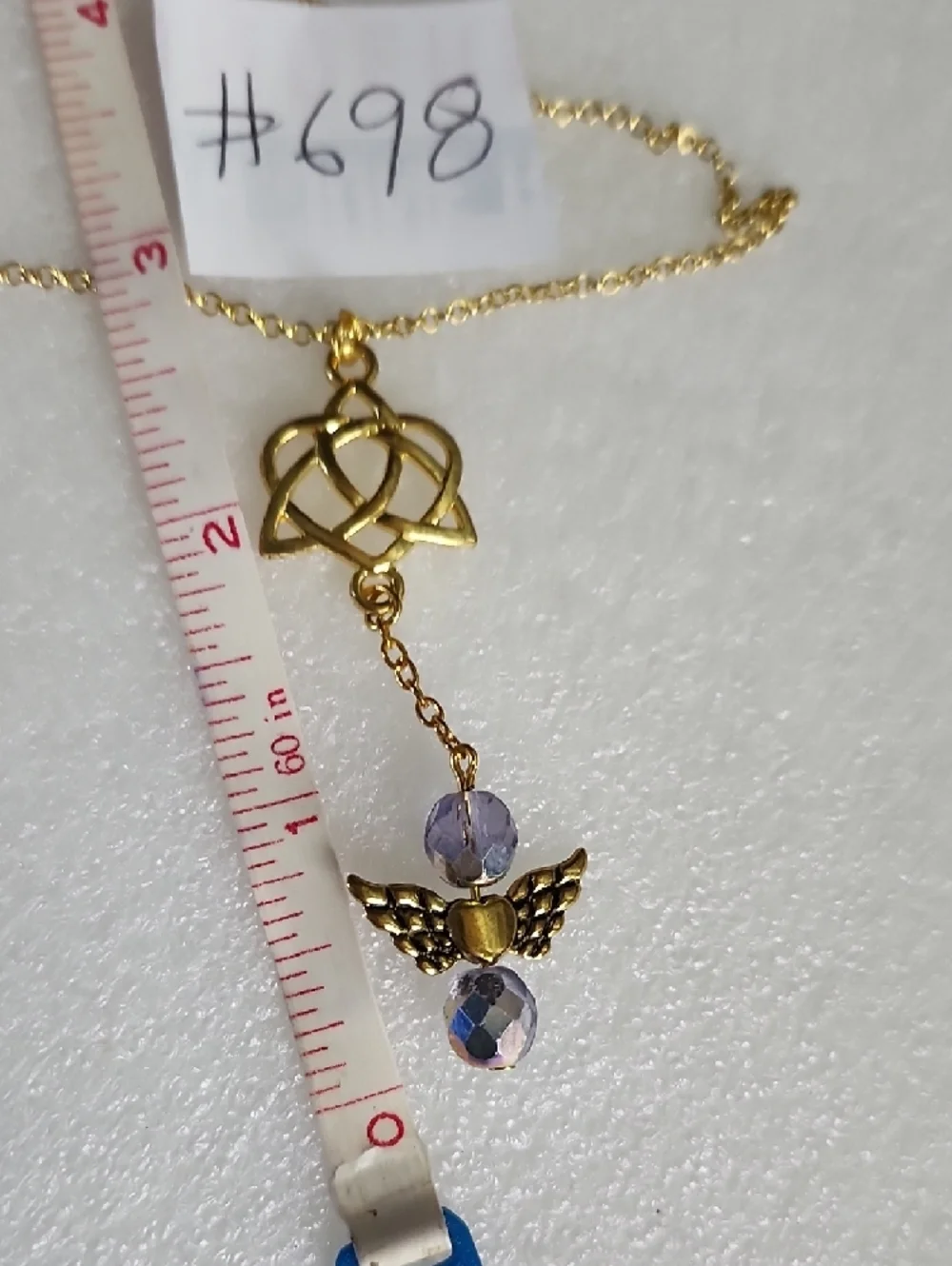 Hand Crafted Gold-Tone Celtic Knot Necklace with Lavender Bead Angel